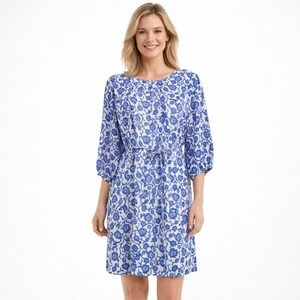 Ann Taylor Womens Dress Blue White Floral Print Tie Waist 3/4 Sleeve Size 12
